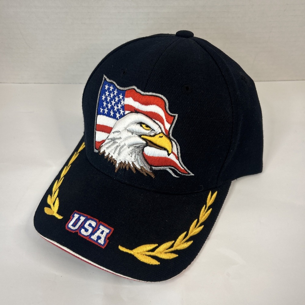 USA Embroidered on Bill Eagle American Flag Claw Cap Hat Black Adjustable One Sz
